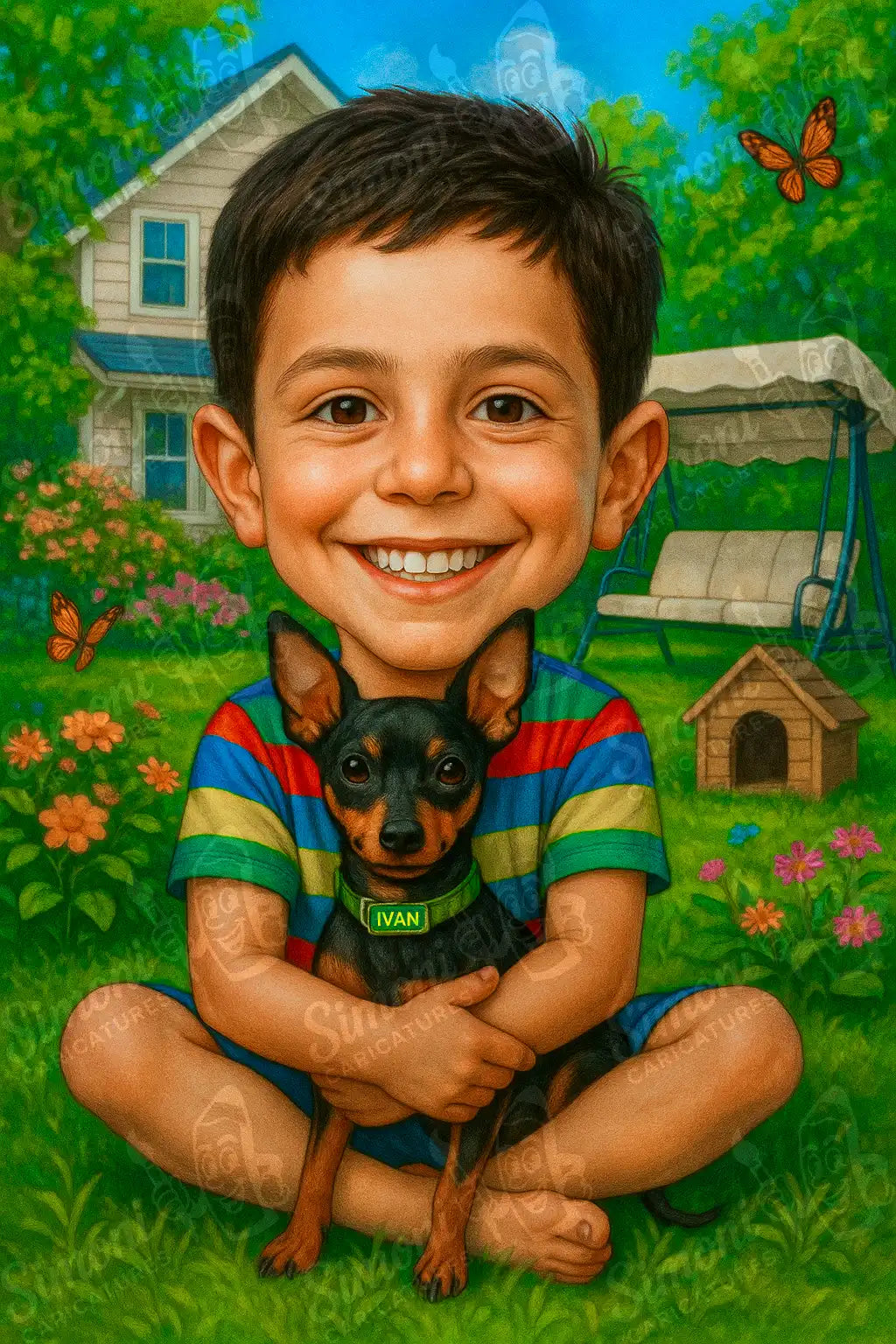 Карикатура на усмихнато дете с куче в цветна градина пред къща – Simoni Caricatures, персонализиран подарък